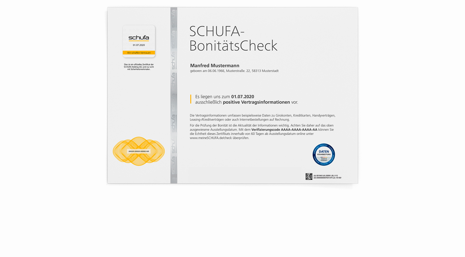 Zertifikat des SCHUFA-BonitätsChecks