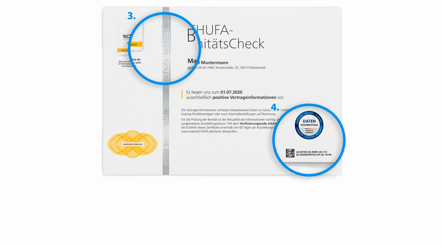 Das Zertifikat des SCHUFA-BonitätsChecks mit Hervorhebungen des Hologrammstreifens und deutscher Standards bei der Datenverarbeitung